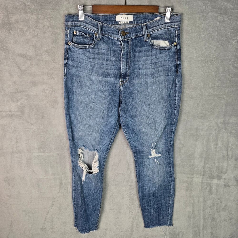 Pistola Womens High Rise Skinny‎ Distressed Jeans Medium Wash Size 32 Made USA